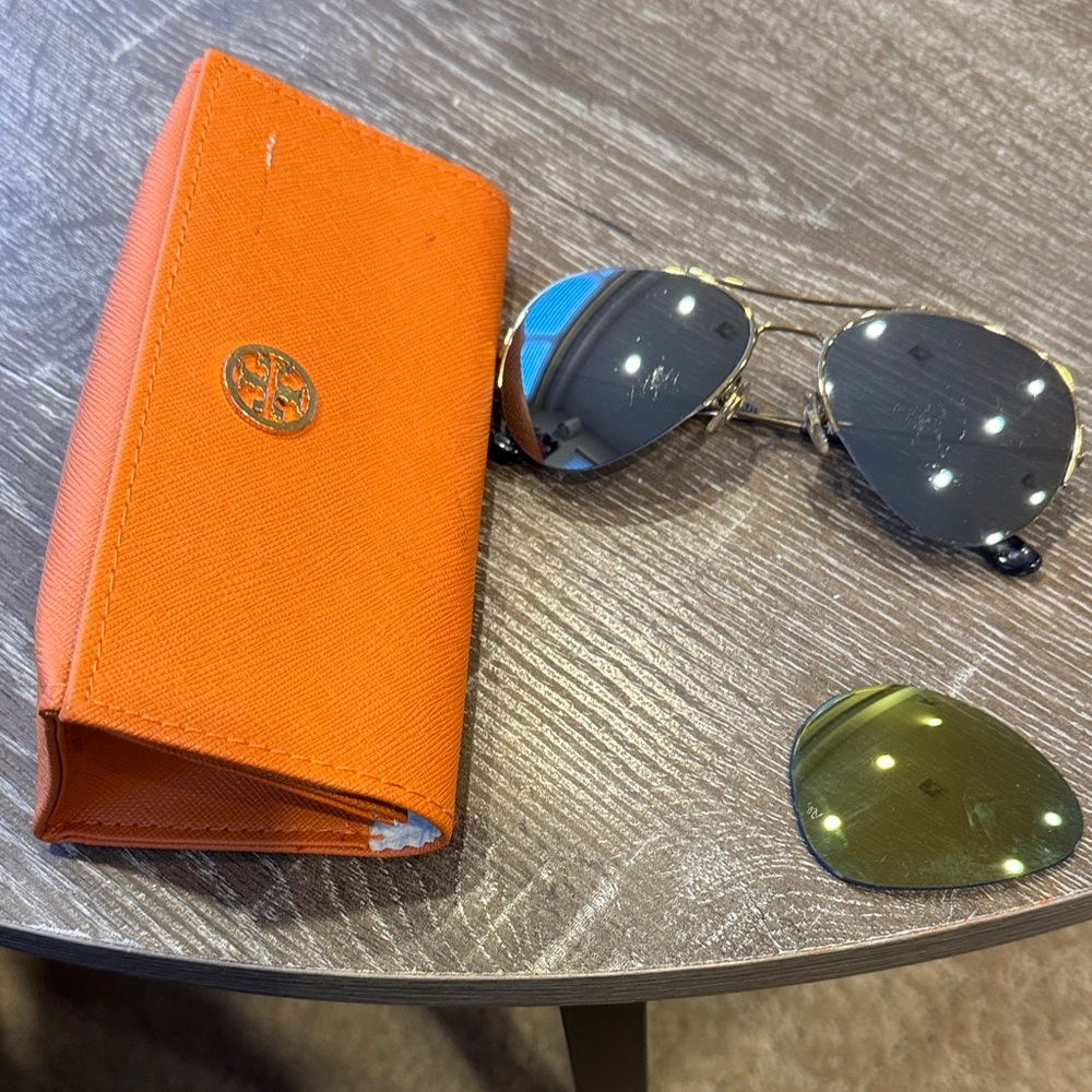 Tory Burch Orange Case with Silver Aviator Sunglasses